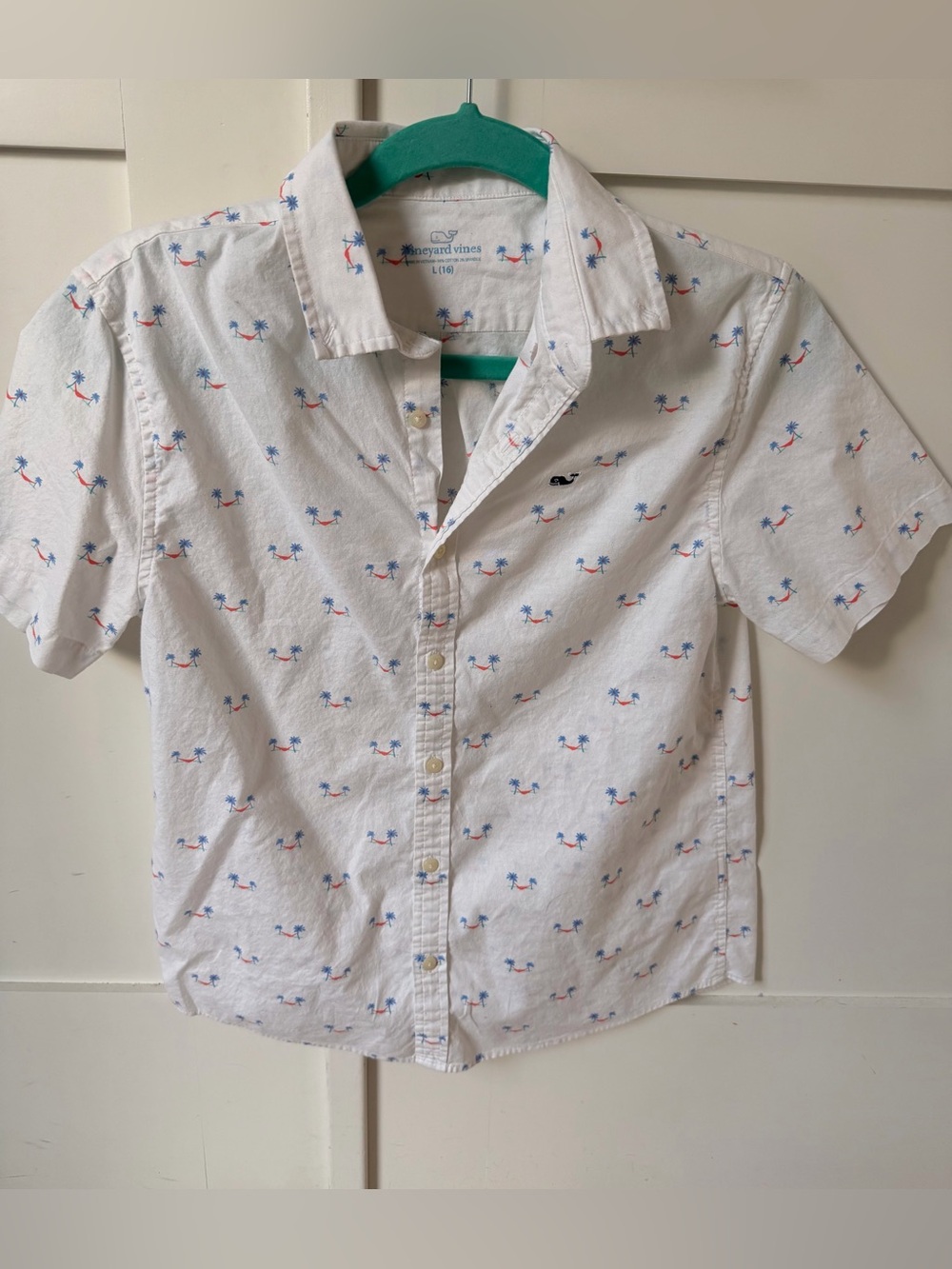 L (16) Vineyard Vines Boys' White Short-Sleeve Button-Down Shirt - Palm Print.